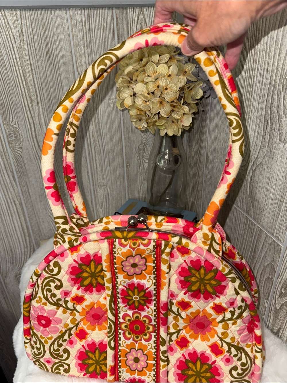 Vera Bradley Floral Quilted Handbag-Pink, Olive & Orange - Picture 2 of 11